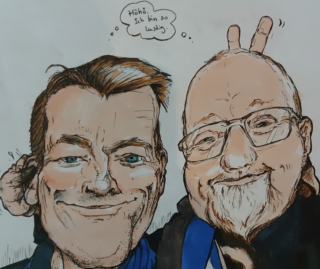 Farbige Karikatur: zwei Männer, einer macht dem anderen Hasenohren
