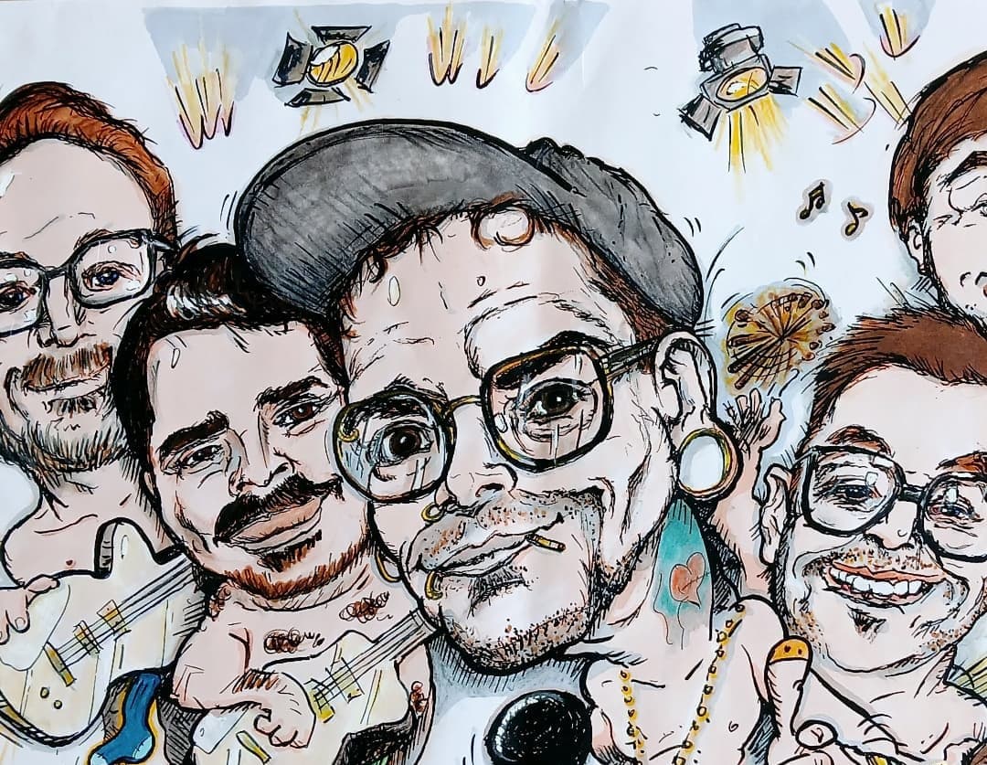 Karikatur in Tusche mit Farbakzenten: Band mit fünf Musikern